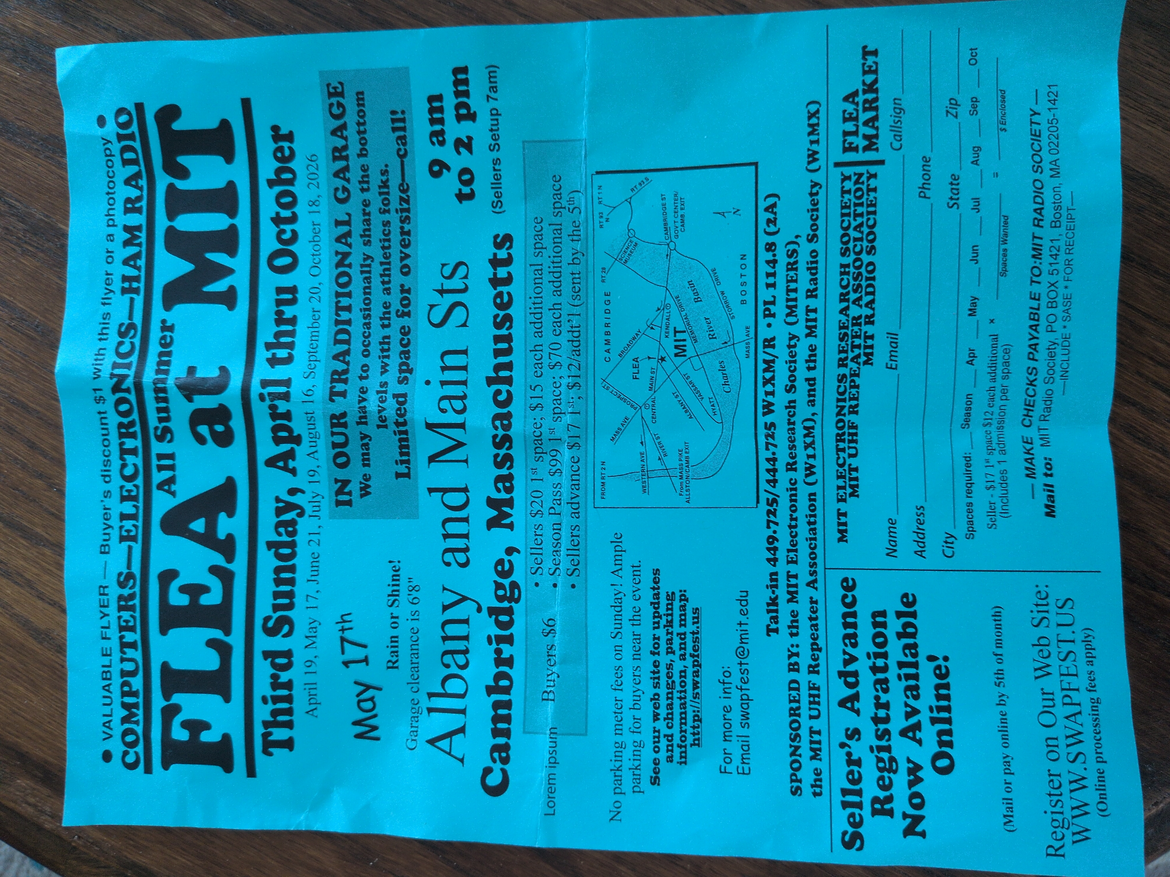 a paper flyer for the Flea at MIT (aka SwapFest). See https://web.mit.edu/w1mx/www/swapfest/flyer-2026.txt for the complete text